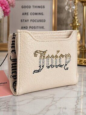 Juicy Couture Angel Cream Bifold Wallet Pull-Out Card Case Rhinestone NWT